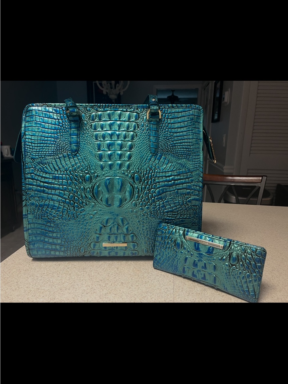Brahmin Teal Croc-Embossed Tote with Matching Wallet